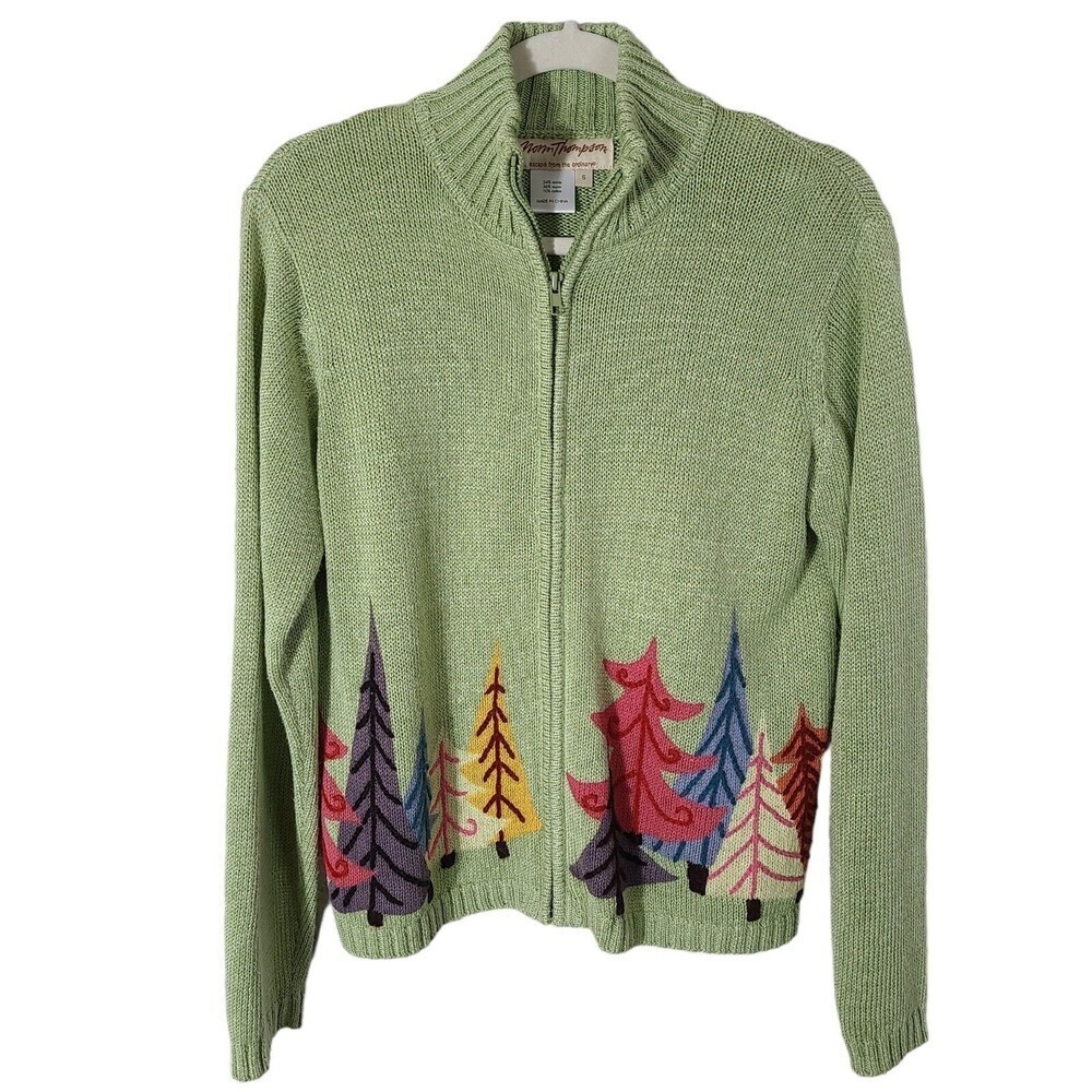 Norm Thompson Vintage size Small full zip pine tree pattern knit sweater‎ green